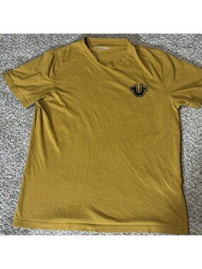 True Religion T-Shirt Men's Large Yellow Gold Buddha Graphic Short Sleeve Crew